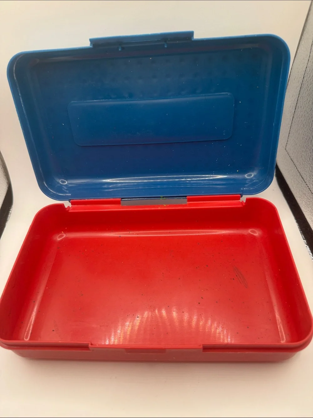 Spacemaker pencil box blue and red -has some crayon marks
